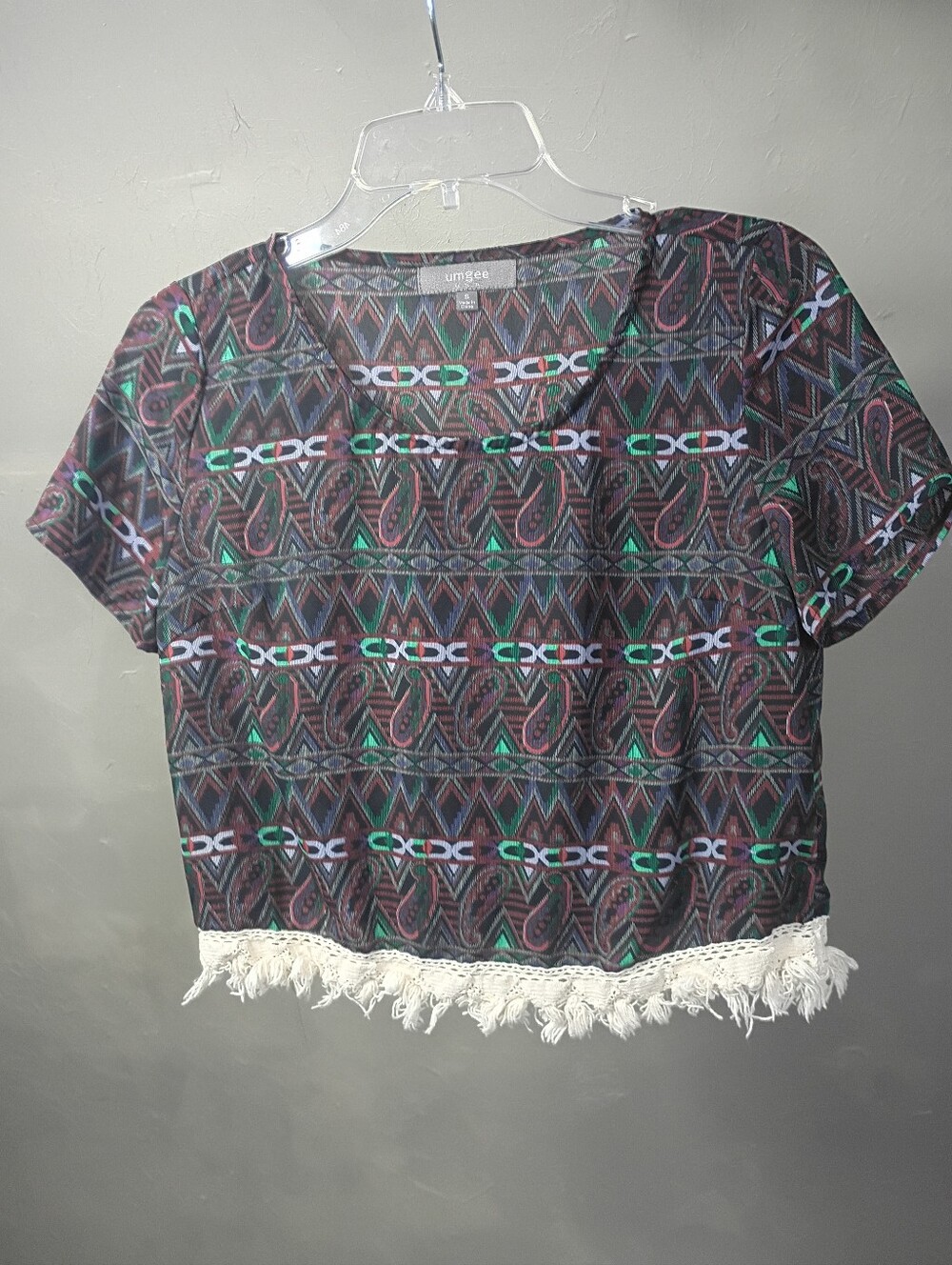 Umgee Multicolor Geometric Print Crop Top with Fringe Hem
